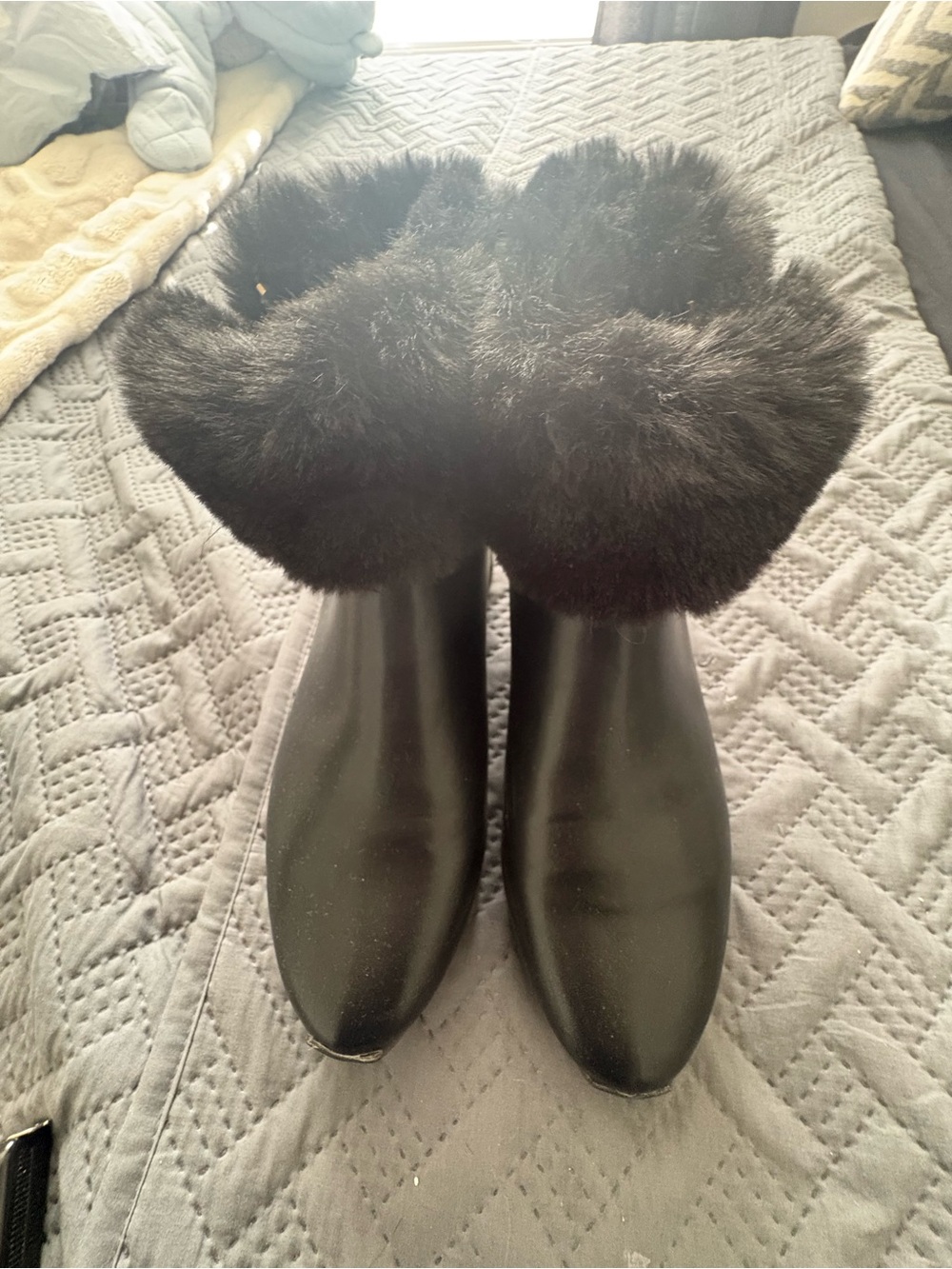 DKNY Black Faux Fur Trim Ankle Heeled Boots